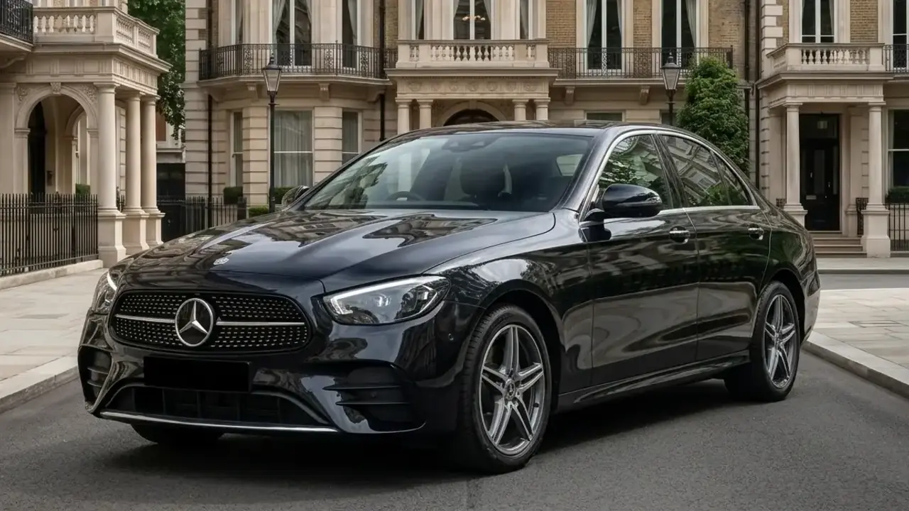 Black Mercedes-Benz E-Class luxury sedan on a refined city street